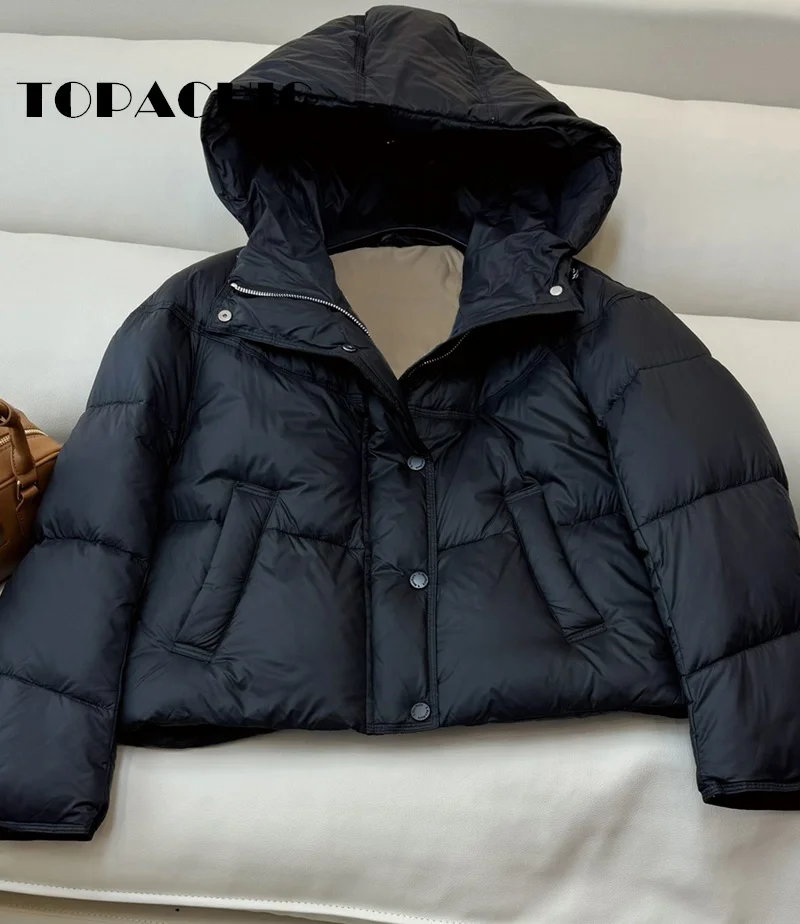 8.28 TOPACHIC-Women Adjustable Drawstring Hooded Short Down Jacket Zipper Loose Casual Down Outerwear