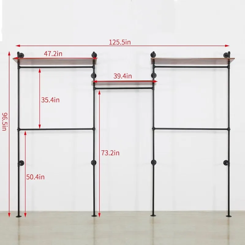 Industrial Pipe Clothing Rack Wall Mounted 5 Hanging Rods Garment Bar with Storage Shelf Heavy Duty Metal Clothes Closet System