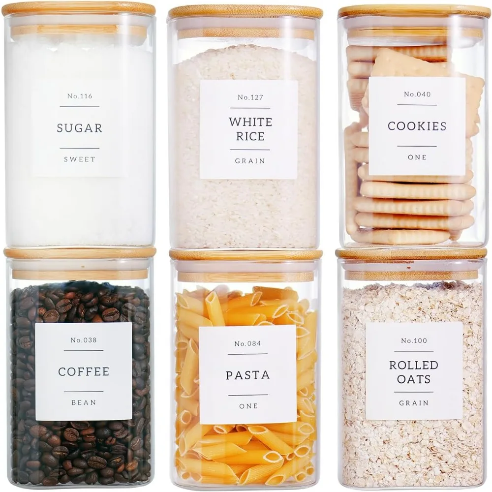 

6 Square Glass Canisters with Bamboo Lids and Labels - Airtight Food Storage for Pantry