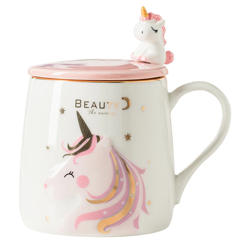 Unicorn Mug with Lid and Spoon, Creative Ceramic Water Cup, Coffee Milk and Breakfast Cup