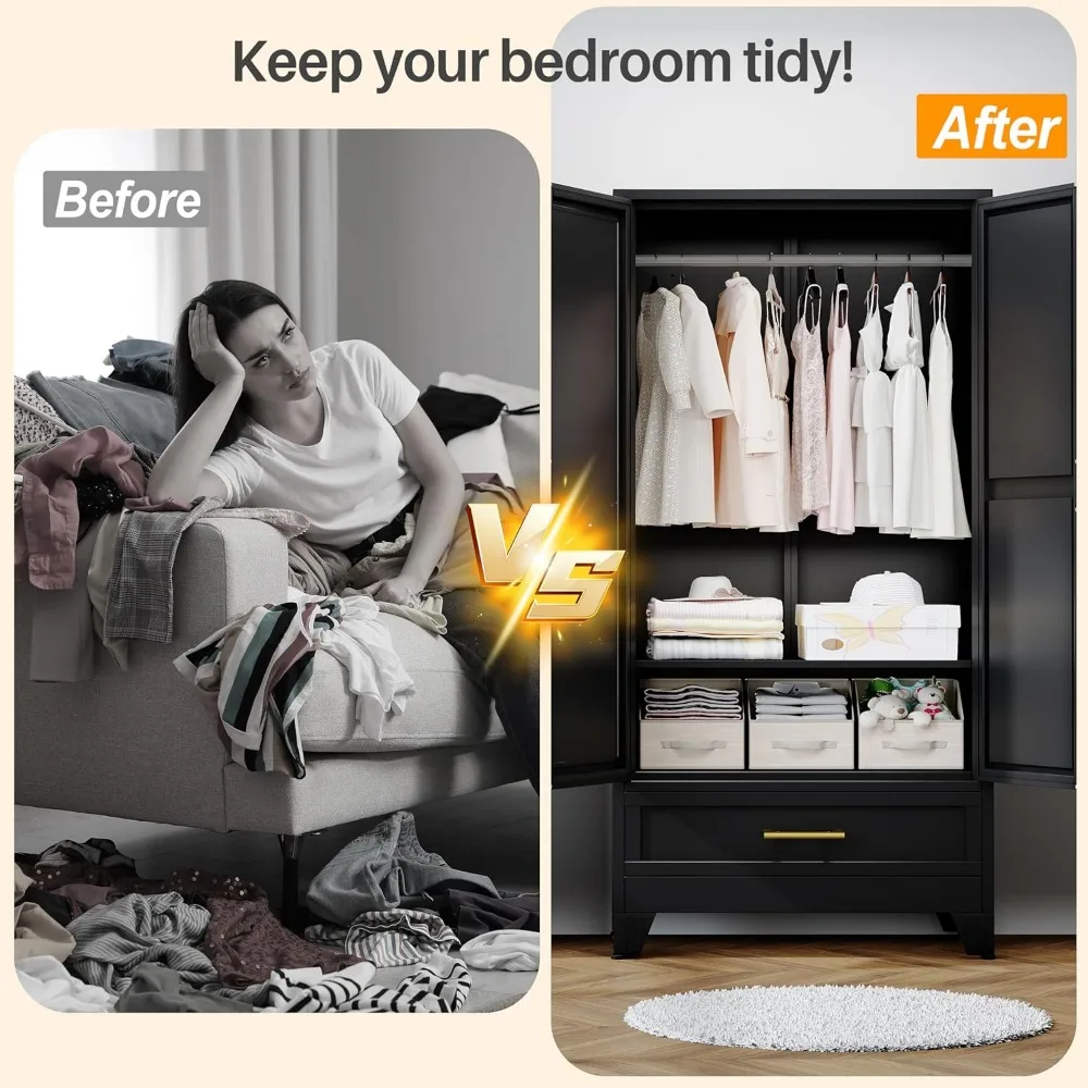 خزانة ملابس معدنية طويلة مع مرآة ودرج وأرفف قابلة للتعديل وقضيب تعليق لغرفة النوم #5