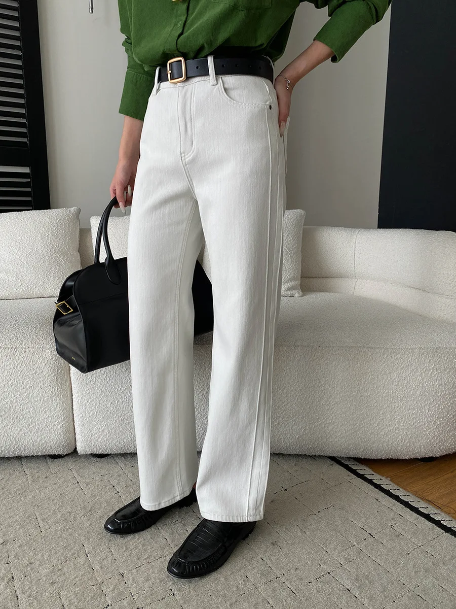 Celana jeans wanita kasual warna polos pinggang tinggi potongan lurus ramping dan berbulu halus