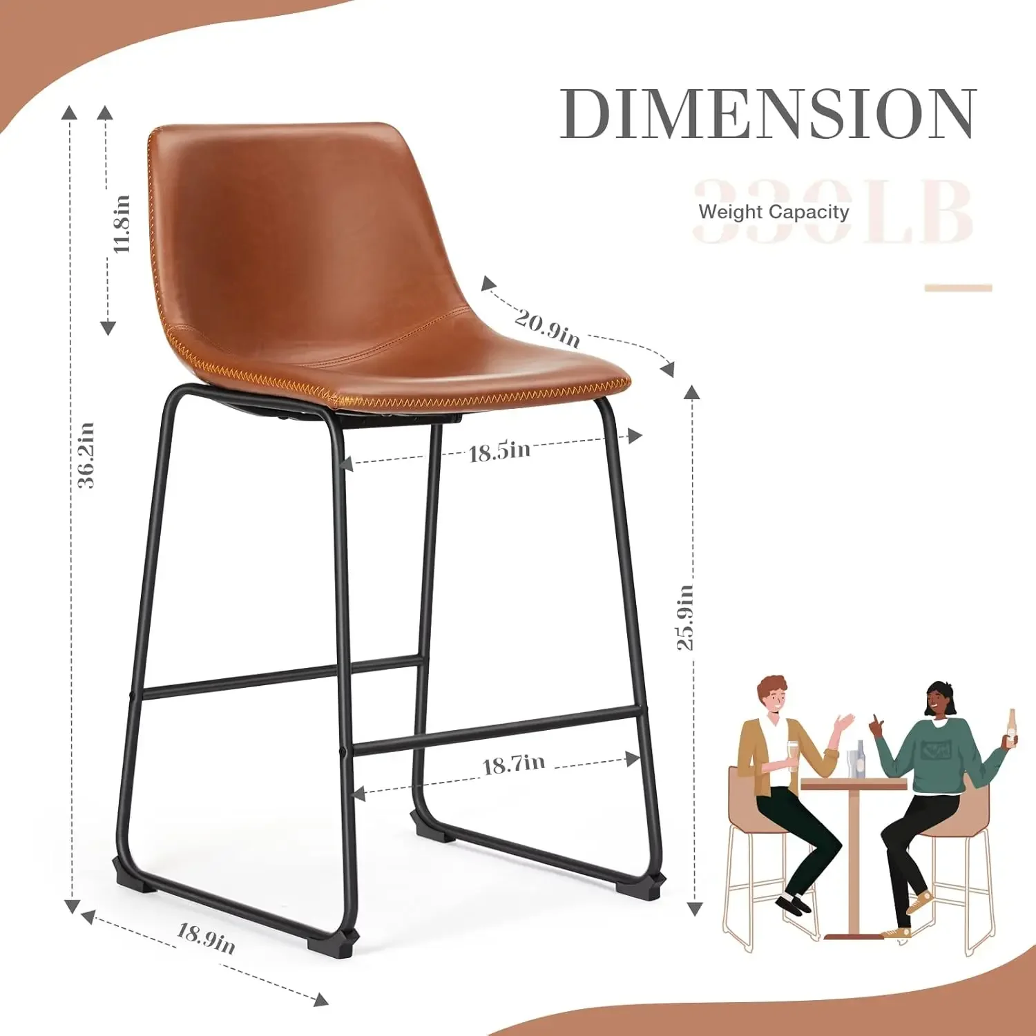 Juego de 4 taburetes de bar con altura de mostrador, taburetes de bar modernos de piel sintética con respaldo, 26 pulgadas