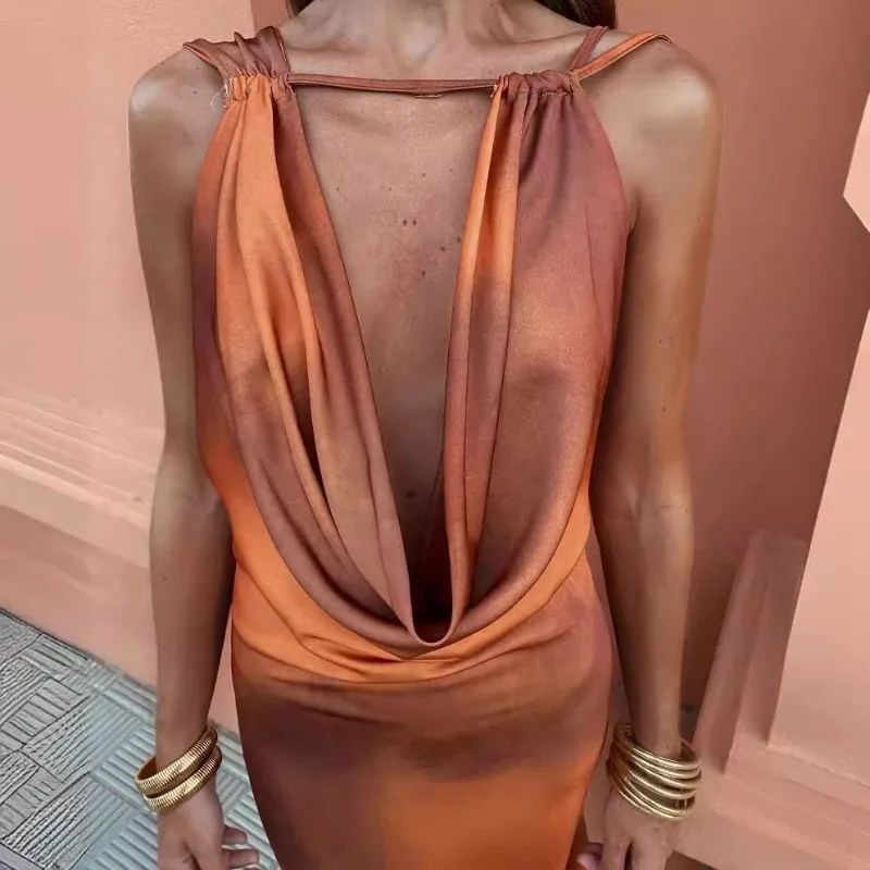 

Elegant Satin Hang Neck Lace Up Dress Women Sexy Sleeveless Backless Female Maxi Dresses 2025 Spring Summer Lady Party Robe New