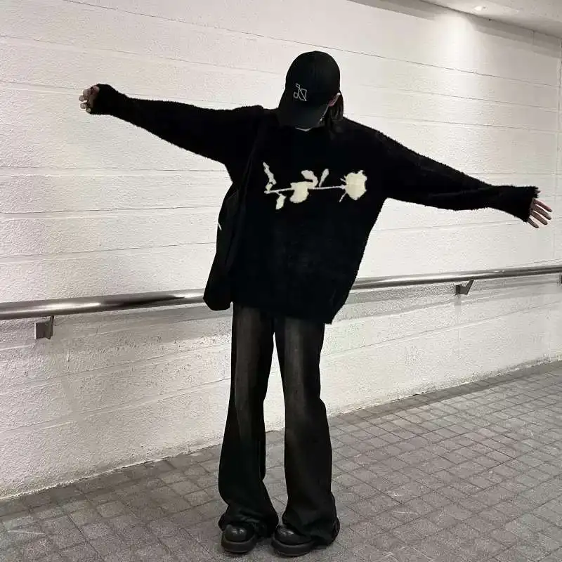 25ss New Style Simple High Quality Dark Rose Mohair Sweater Loose Irregular Original Knitted Pullovers