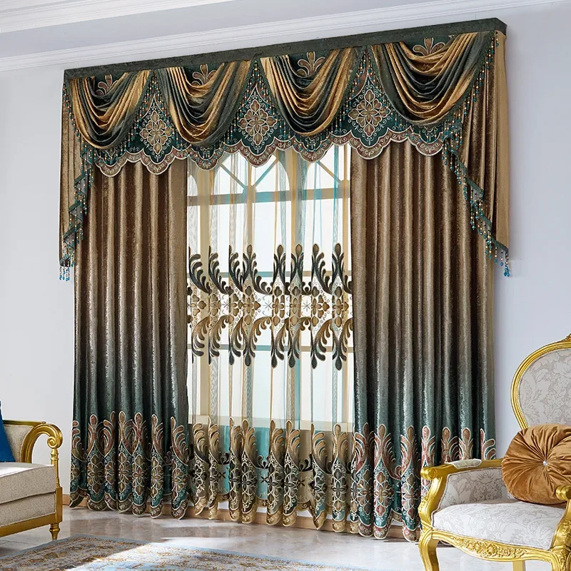 European Luxury Curtains for Bedroom Living Room Velvet Gradient Printed Embroidered Blackout Fabric Finished Tulle Valance New