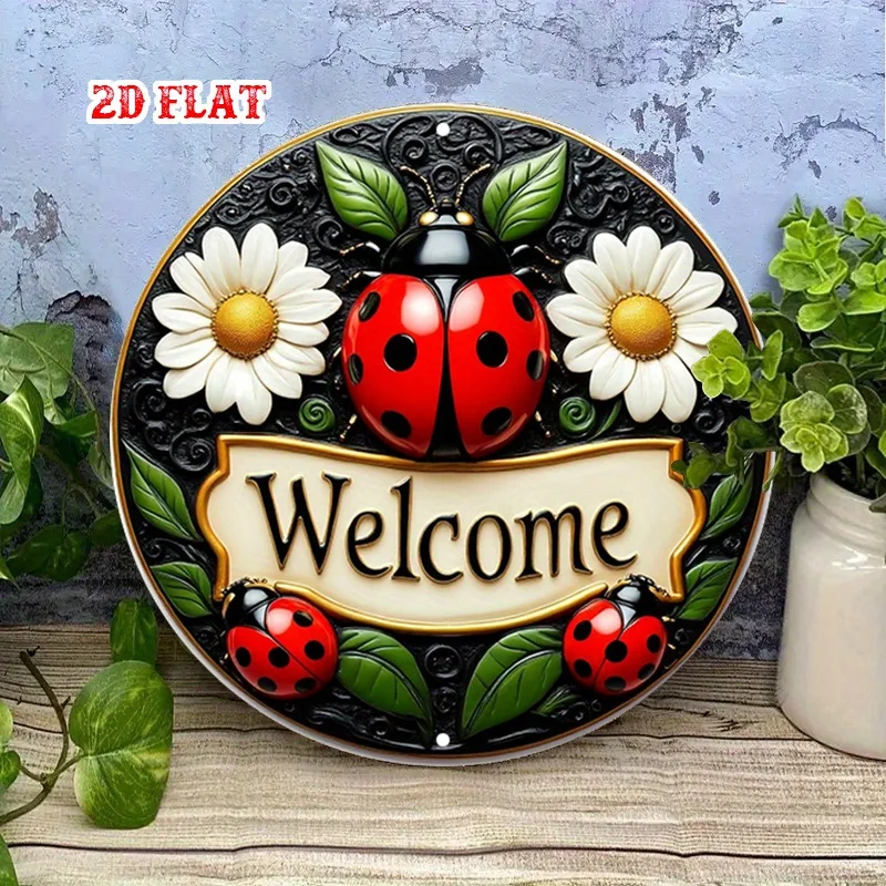 2D Flat, Garden Invite Round Aluminum Sign, Ladybug Design Metal Tin Sign - Welcome Sign Rustic Metal Wall Art, Metal Decor