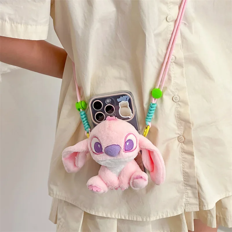 Disney Plush Mobile Phone Bracket Kawaii Stitch Retractable Bracket Back Clip Slung Chain Lanyard Convenient Anti-fall Universal