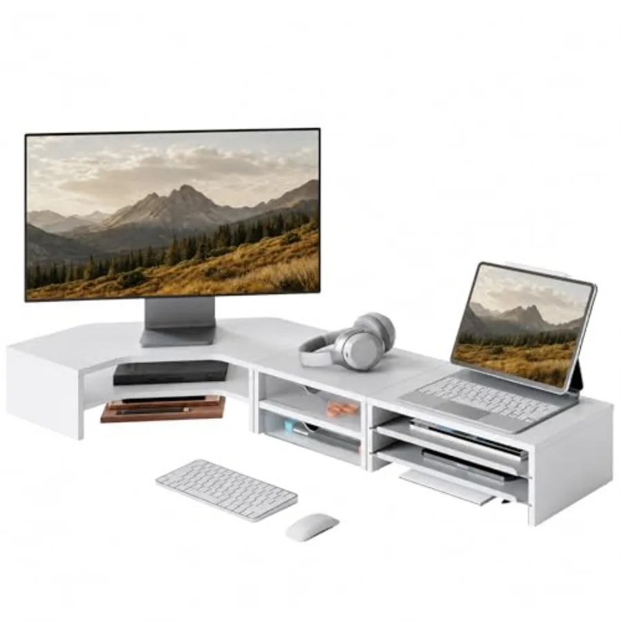 

L Shape Monitor Stand Riser for home office desk, white wooden corner triangle shelf with drawers and slide-out trays, holds up