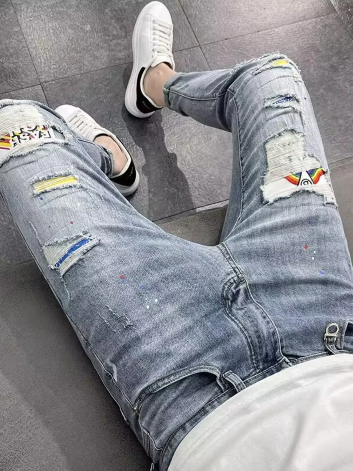 

Мужские джинсы слим-фит: модные, с дырками и нашивками, тонкие, хлопковые, эластичные, износостойкие, повседневные, длинные брюки для весны и лета