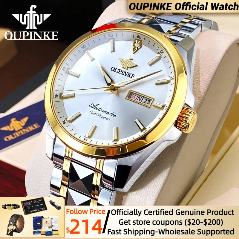 

OUPINKE Original Men's Wristwatch Gold Diamond Tungsten steel Sapphire Imported Mechanical Movement Top Luminous Watch for Men