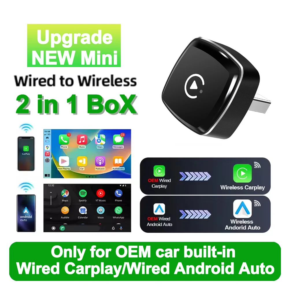 2in1 bedraad naar draadloze CarPlay Android Auto Adapter voor OEM autoradio met USB Plug and Play
