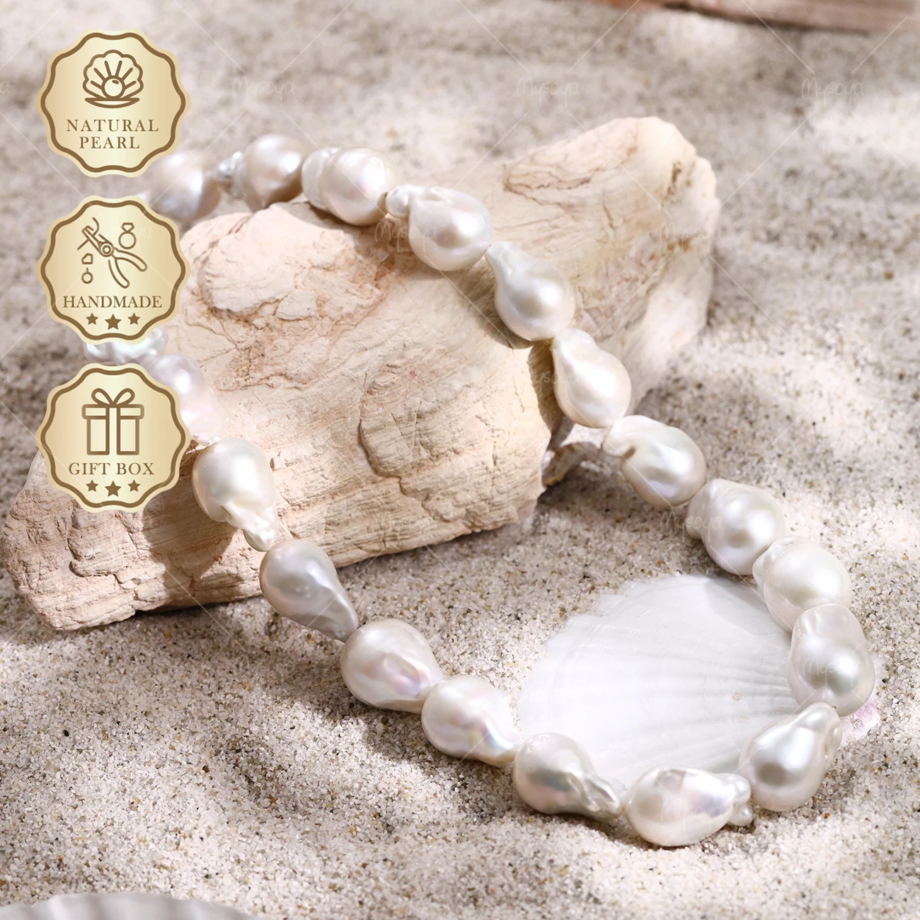 

MYSOYA Large White Baroque Freshwater Pearl Necklace 14-16mm Gold Nautical Clasp, Gift Box S349