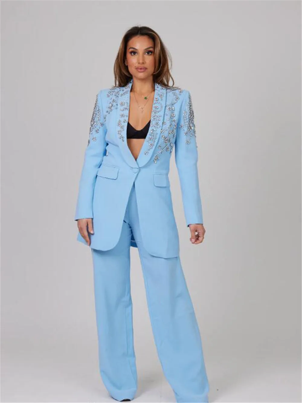 Costumes bleus perlés de cristal pour femmes, blazer à revers transparent, pantalon de luxe, veste à simple boutonnage, robe de soirée formelle, diamants, 2 pièces