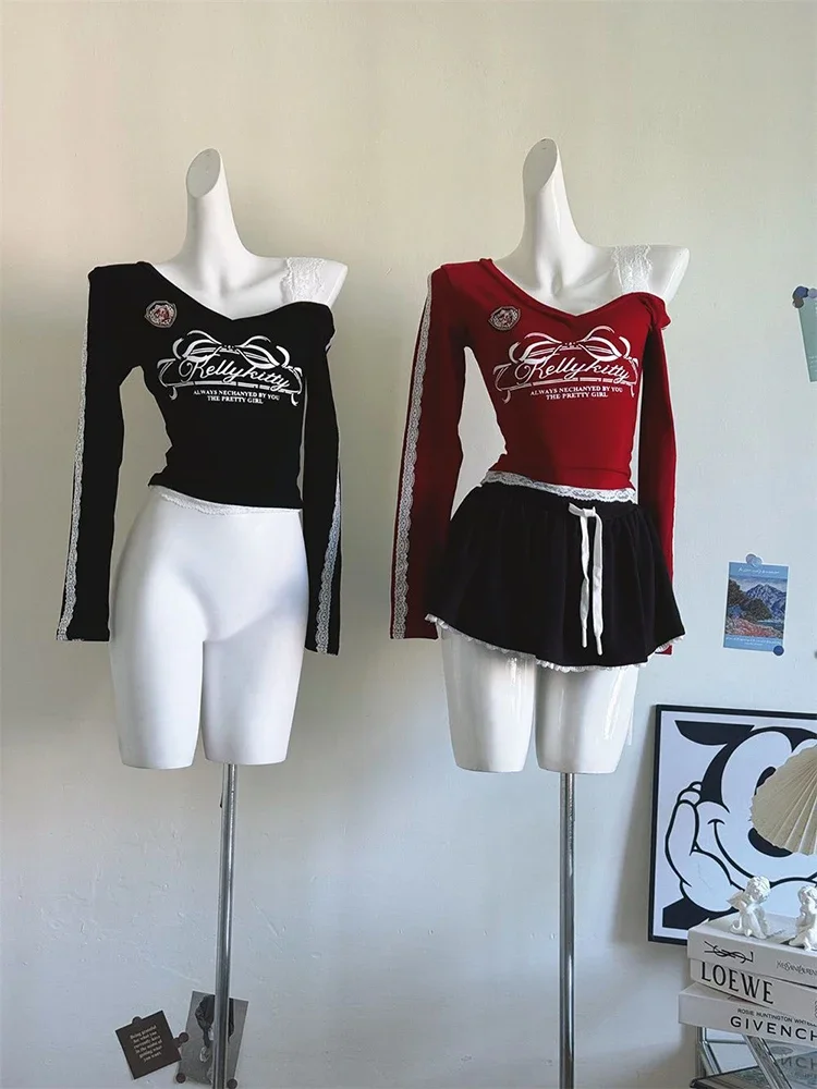 Y2K الدانتيل المرقعة تي شيرت المرأة مثير قبالة الكتف الحلو الخامس الرقبة السيدات المحاصيل القمم الكورية موضة طويلة الأكمام الملابس النسائية