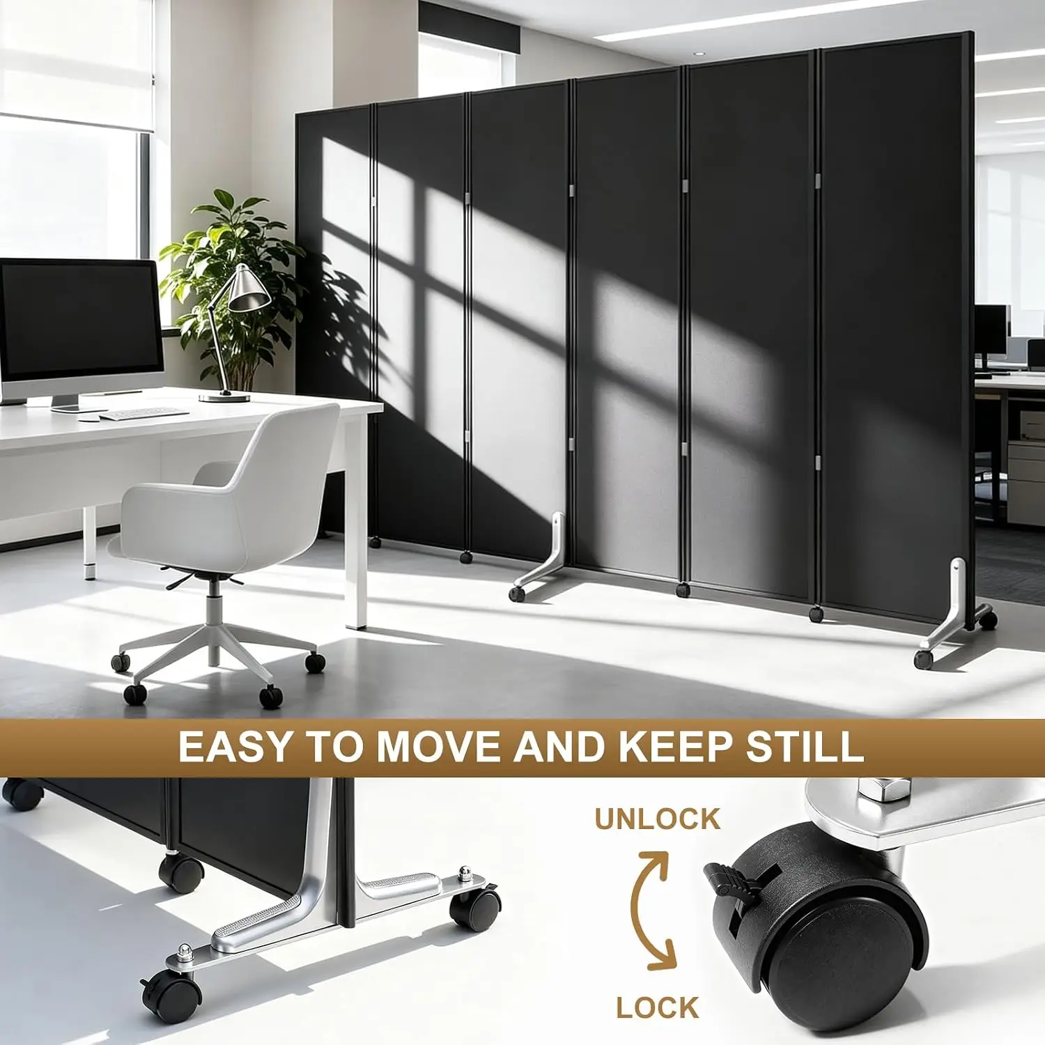 6 Panel Wooden Office Room Divider with Wheels Rolling Partition Screen Privacy Wall Aluminum Frame Folding Smooth Black Wood Pa