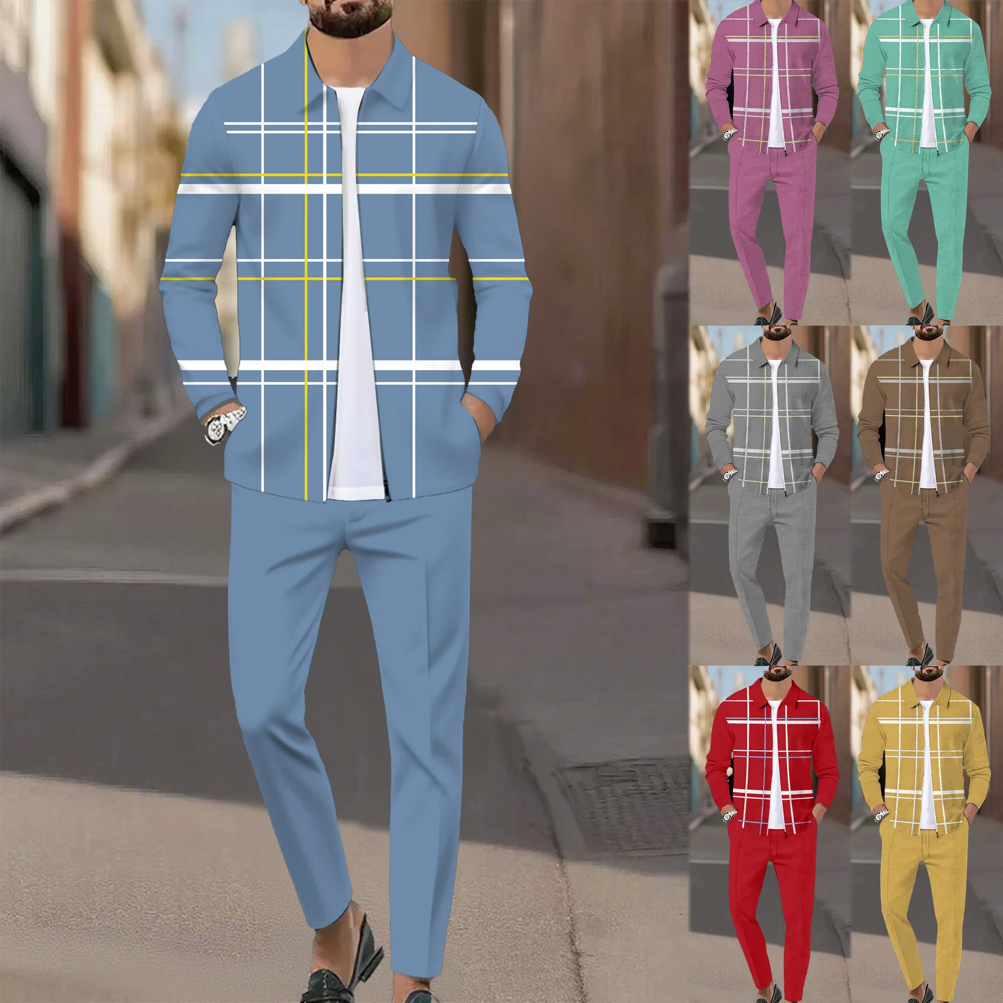 

2025 New Men's Hoodie Jacket Two-Piece Set Striped Plaid Patterns Available in Multiple Colors Suitable for Various Scenarios