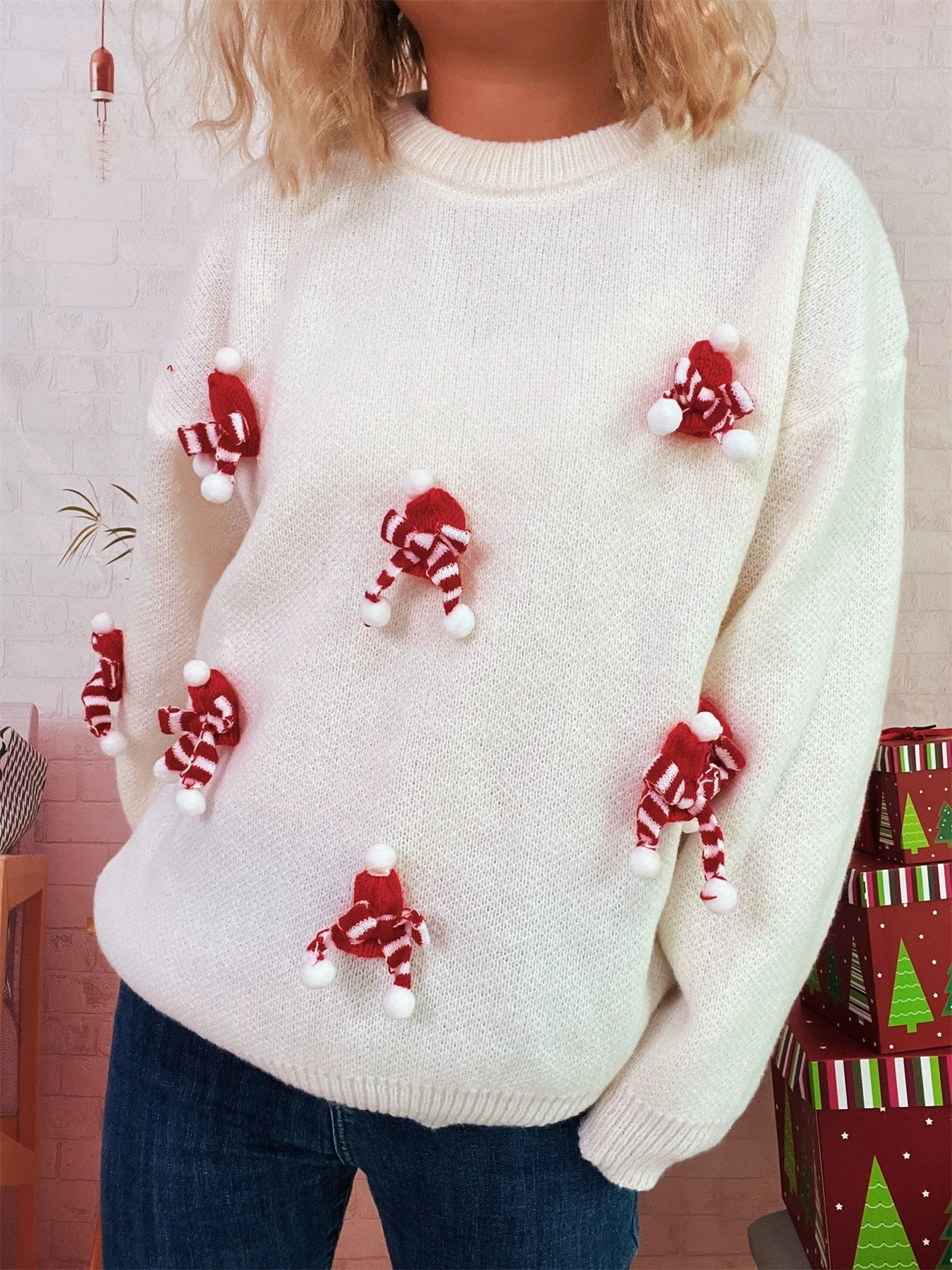 

Autumn, Winter, Christmas New Collection Splicing Bow Sweater Round Neck Casual New Year's Women's Knitted Top
