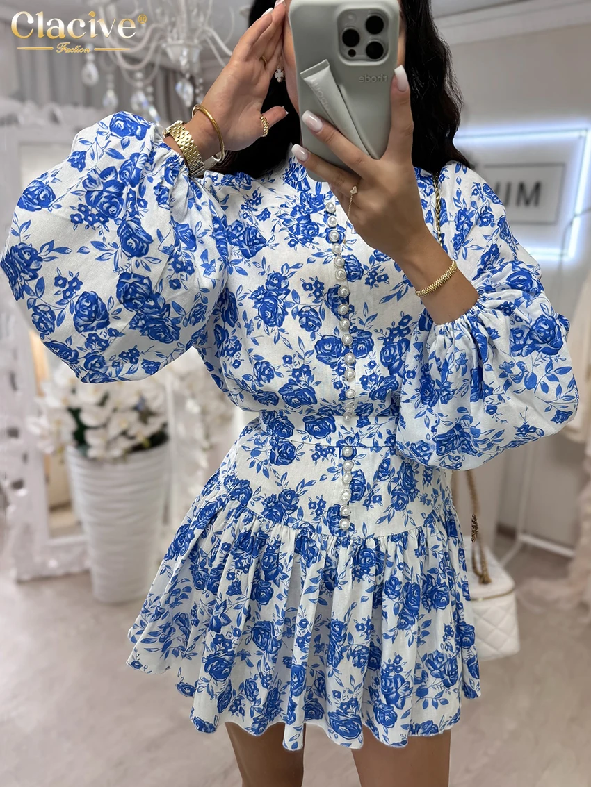 

Clacive Fashion Loose Print Women's Dress 2025 Casual Stand Collar Long Sleeve Mini Dresses Elegant Classic Pleated Female Dress