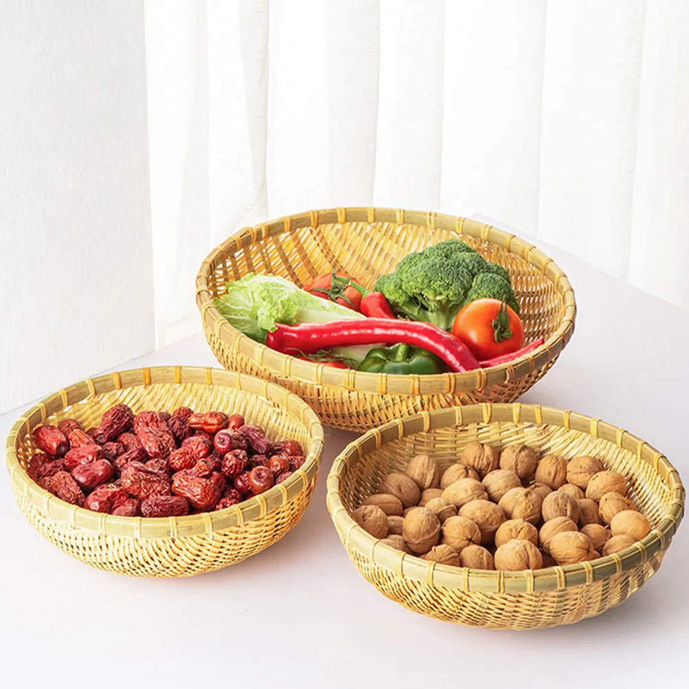 3pcs Bamboo Woven Baskets Vegetable Tea Cake Food Storage Baskets Natural Handmade Round Square Kitchenware Home Decoration