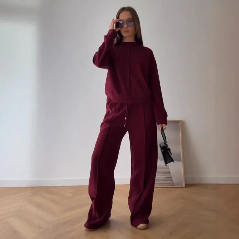 

2025 Autumn New Round Neck Sports Long Sleeve Hoodie Wide Leg Pants Two Piece Set Women Wine Red Casual Suit