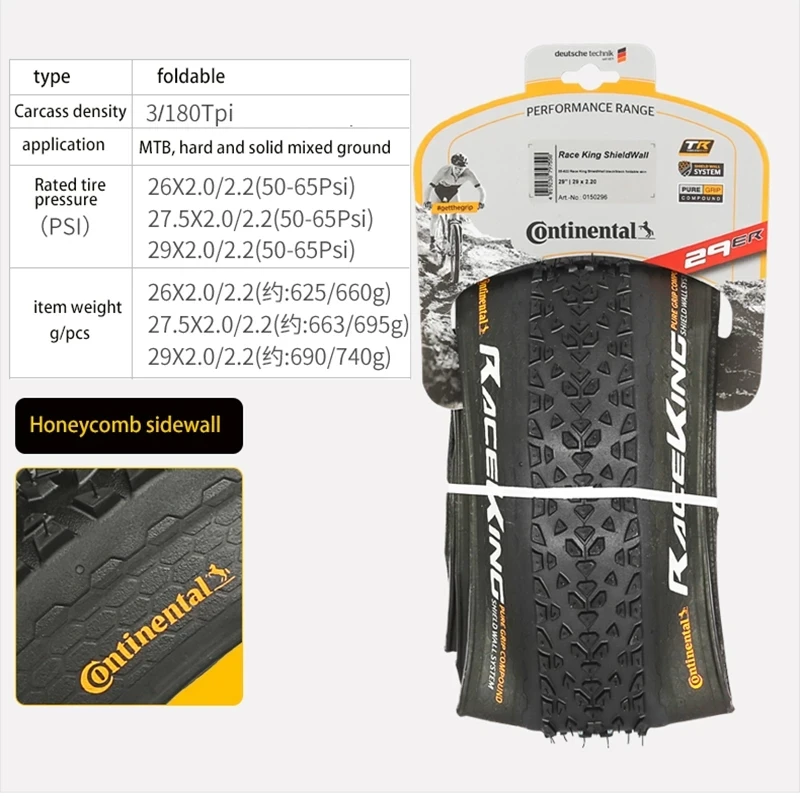 Continental Race King Tubeless Ready Tire Rim 26 27.5 29 2.0 2.2 Folding Tire PureGrip Compound & Shield Wall System MTB Tires