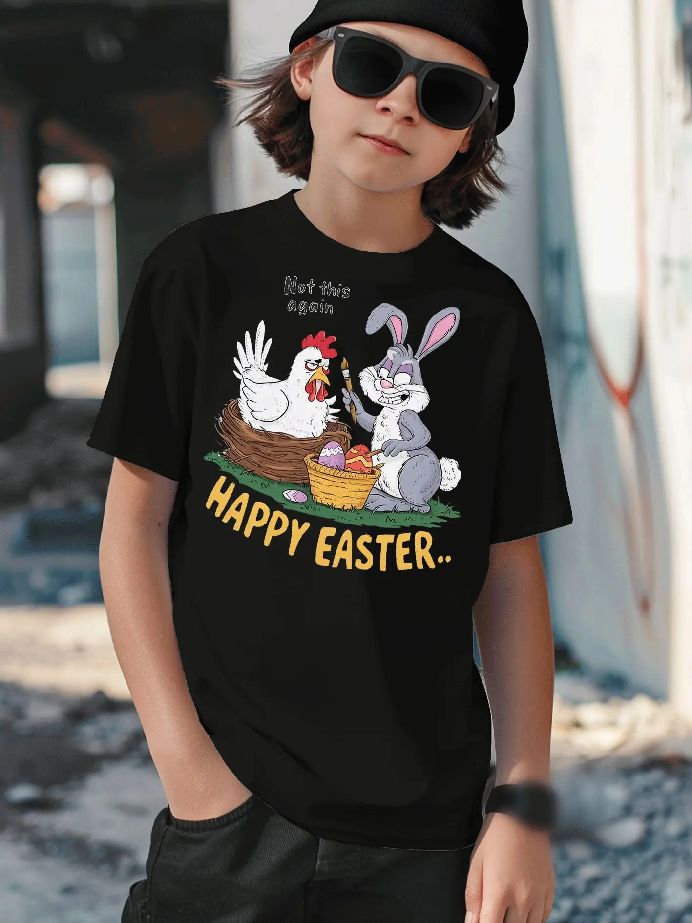 Casual Children's T-shirt Cartoon Chicken and Rabbit with Easter Egg Design Easter Gift Personalized Parent-child Outfit
