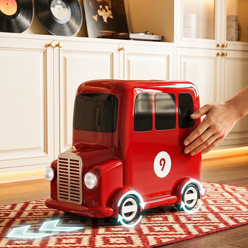 Cute Retro Bus Trash Can With Press Lid Wheels, Double Layer Odor-proof Household Waste Bin for Bedroom Playroom