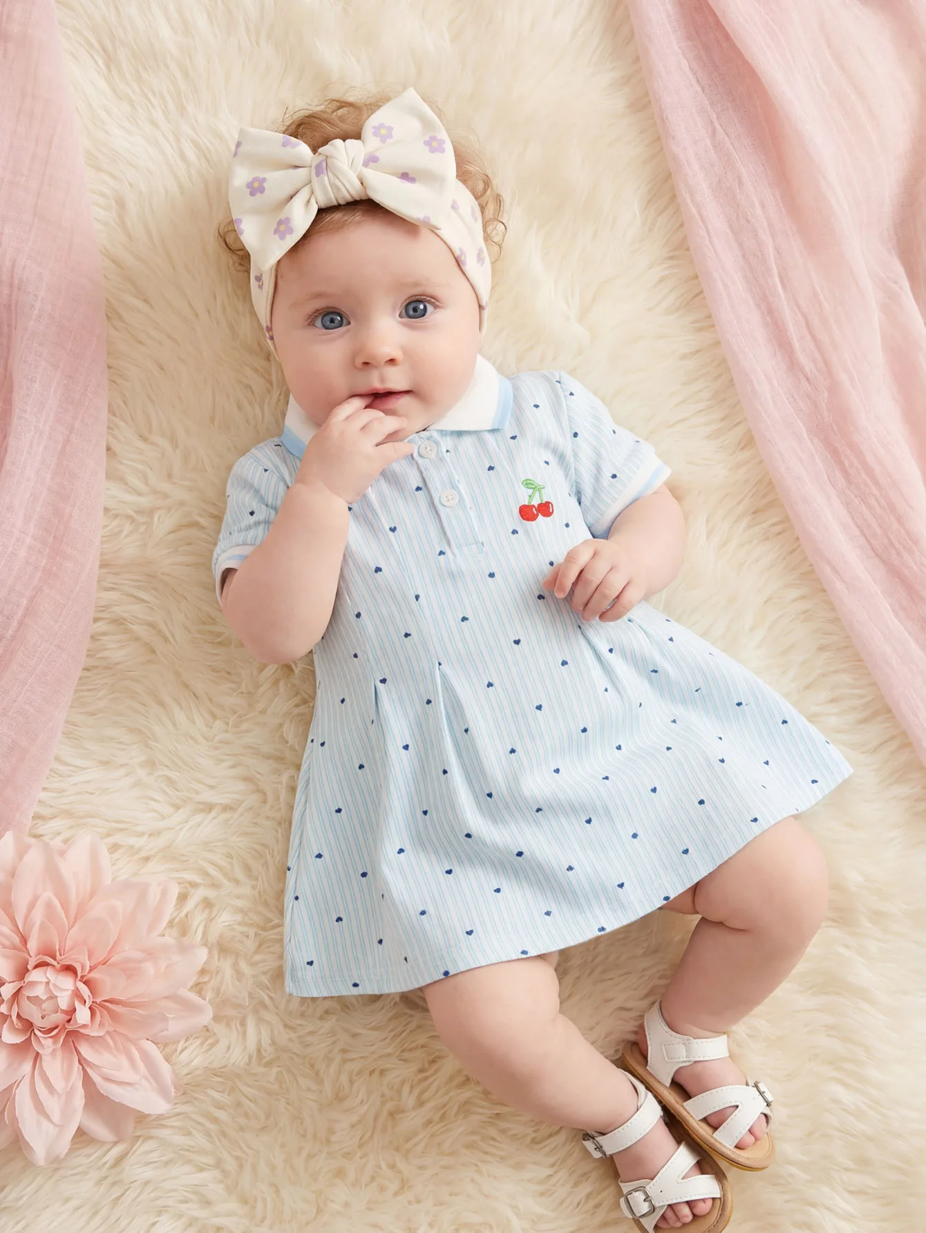 Light blue polka dot baby dress with cherry embroidery, soft breathable fabric for little girls summer daily wear