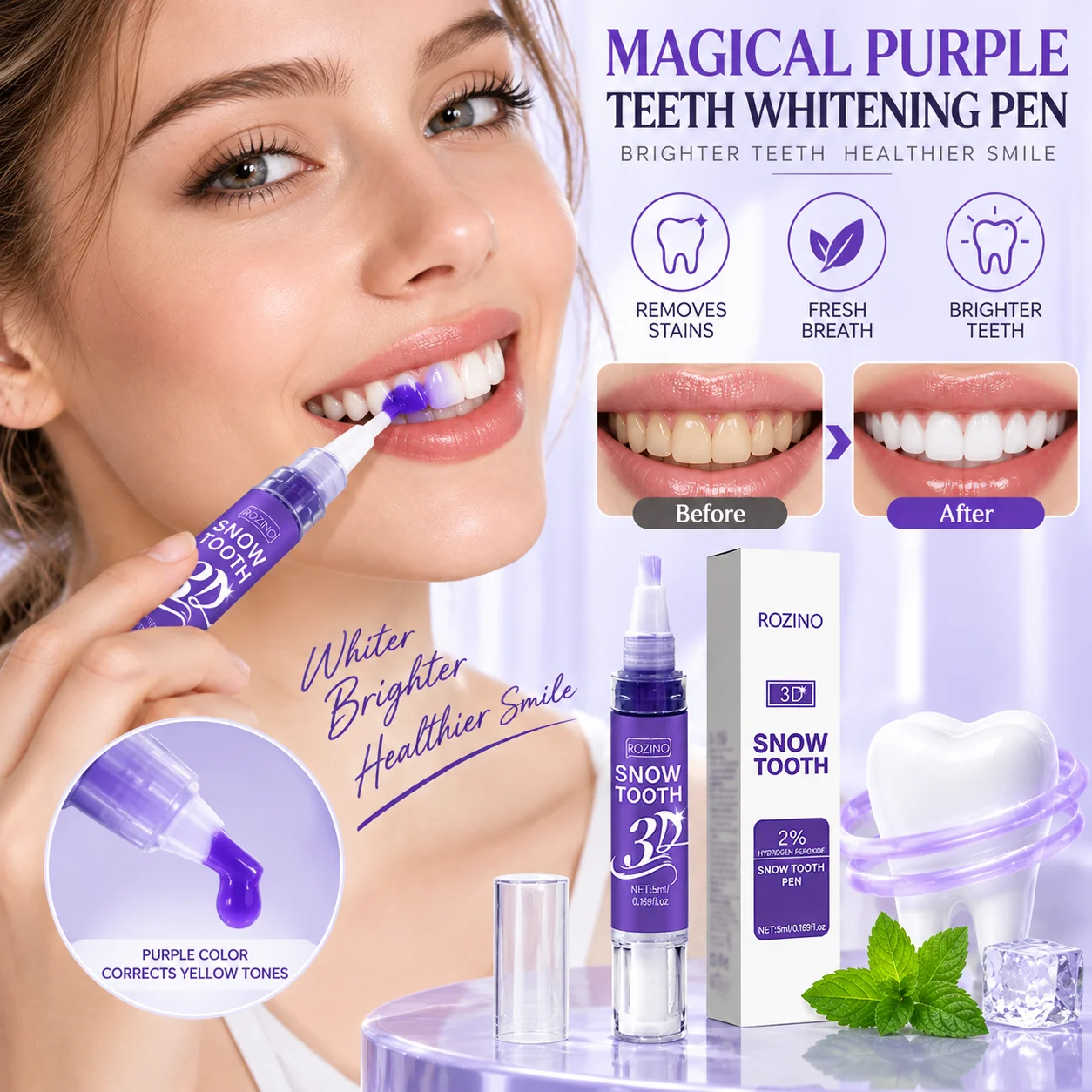 Purple Instant Teeth Whitening Pen 5ML 1-5PCS Reduce Plaque & Coffee Stains Fresh Breath Bright Smile Dental Hygiene Care Tool