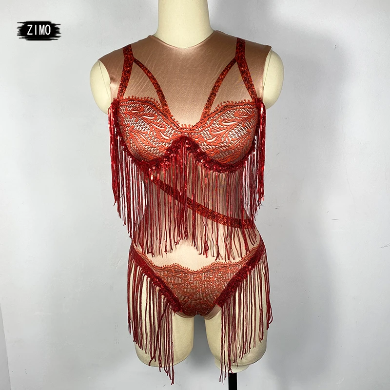 

sexy print Red sequin Tassel Bodysuit Women Stage Latin Singer Fringes Leotard Stretch Nightclub DJ DS bar Dancer Stage Costumes