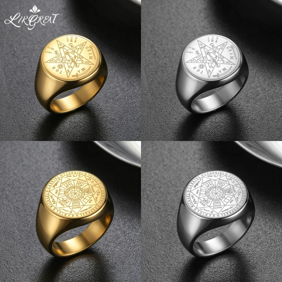 Anillo Amuleto Likgreat Vintage con Tetragramatón YHWH, Pentagrama y Siete Arcángeles, de Acero Inoxidable, Joyería de Protección Espiritual, Regalo