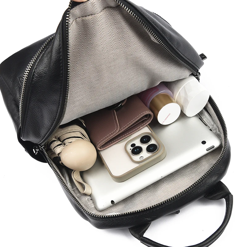 Casual Genuine Leather Women Backpack Functional Multi Pockets Shoulder Bag Versatile Fashion Cowhide Daily School Back Pack Sac