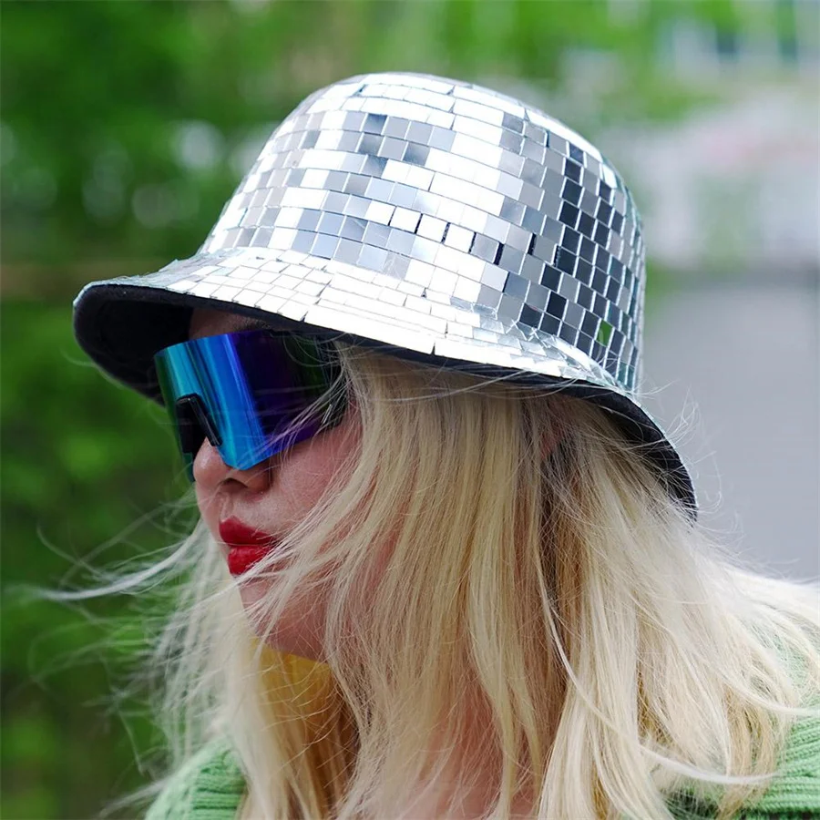 Glitter Mirror Disco Bucket Hat Stunning Disco Ball Hats Glitter Sequins Bucket Hat Cap for Club Stage Bar Party Dance Decor