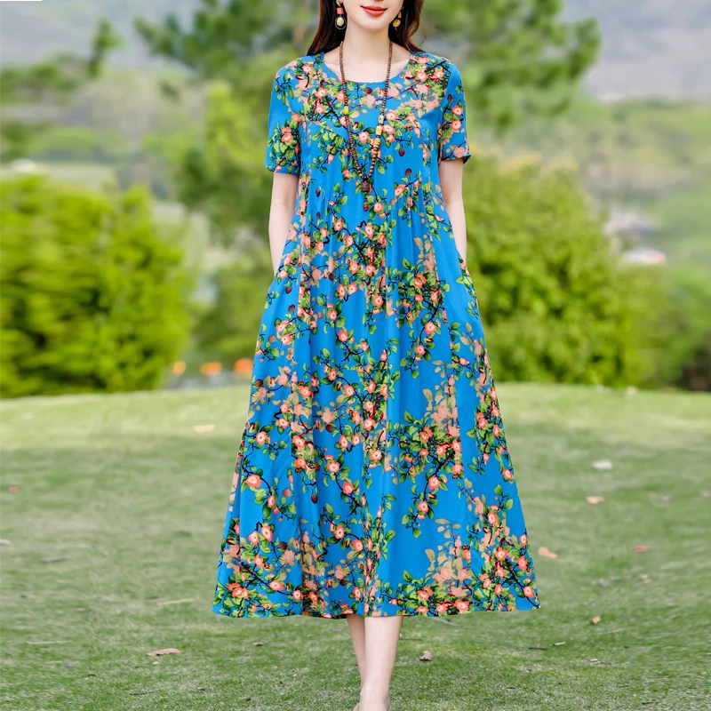 New 2025 Summer Dress For Women Plus Size Dress Casual Short Sleeve Boho Vintage Print Long Maxi Dress Beach Women Clothing