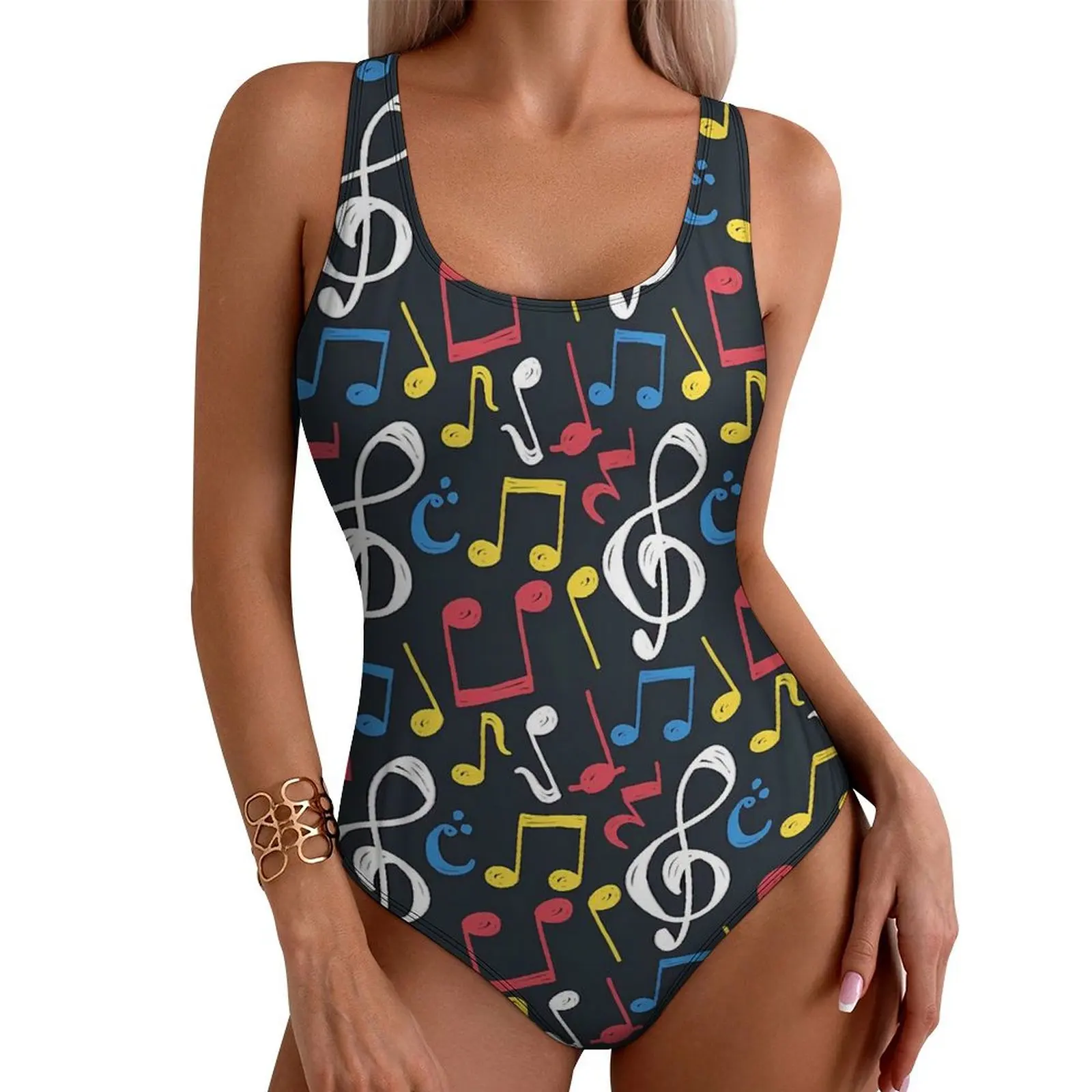 Music Notes Swimsuit Colorful Musical One Piece Swimwear Push Up Stylish Bathing Suit Sexy Holiday Rave Custom DIY Beachwear