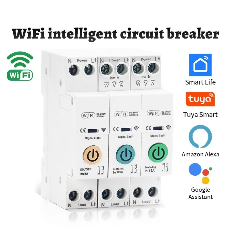 1-63A 1P+N Tuya Wifi Smart Circuit Breaker Switch Kwh Metering Timer Relay Mcb Voltage Current Protection Alexa Google Home Alice