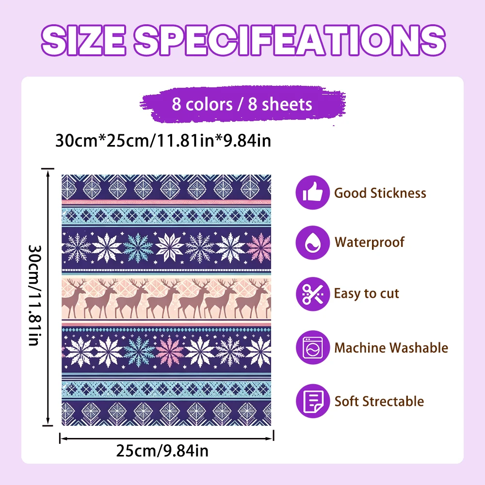 8Pcs Stretch Winter Forest HTV, Reindeer Snowflake Geometric, for Yoga Fitness Quick-Dry Sportswear