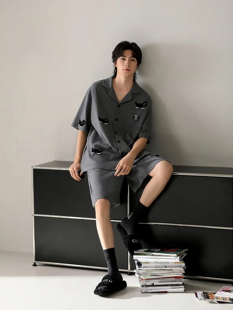 pijamas-de-verano-para-hombre-yuenei-de-algodon-manga-corta-y-pantalones-cortos-ropa-de-casa-informal-holgada-con-patron-de-waffle-suave-y-transpirable