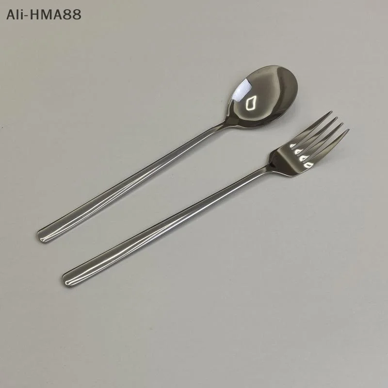 

(YY)1Pc Stainless Steel Round Spoon Fork Long Handle Dinner Spoon Stirring Dessert Spoons Tableware Kitchen Tool Accessories