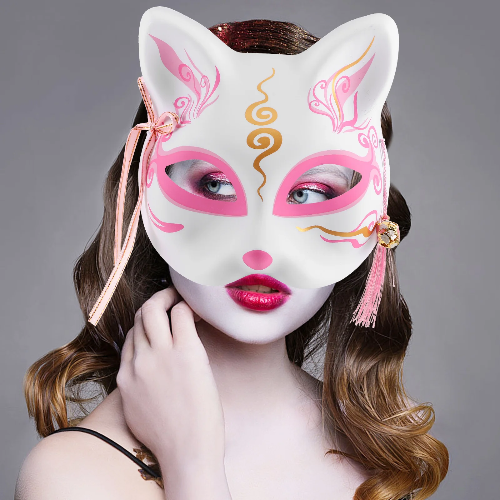 

1Set Japanese Fox Halloween Mask Half Face Animal Fox Cosplay Mask Folding Hand Fan Kimono Costume Masquerade Party