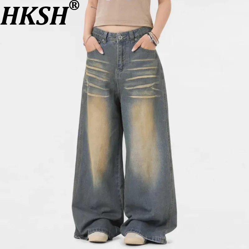 

HKSH Spring Autumn New Men Tide Punk American Washed Vintage Vibe Style Jeans Loose Wide-Leg Casual Straight Denim Pants HK11532