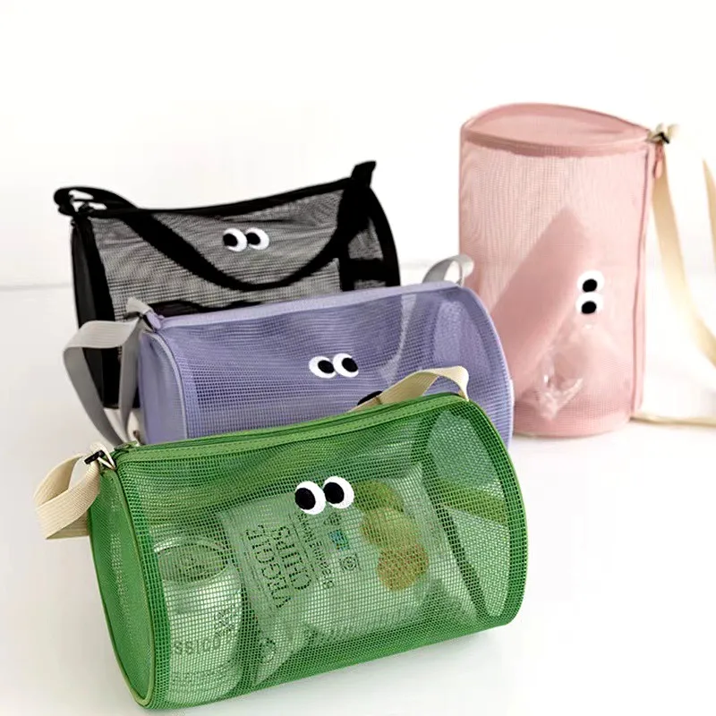 1pcs Transparent Mesh Tote Bag Single Shoulder Crossbody Cylinder Bag Daily Necessities Cosmetics Storage Portable Storage Bag