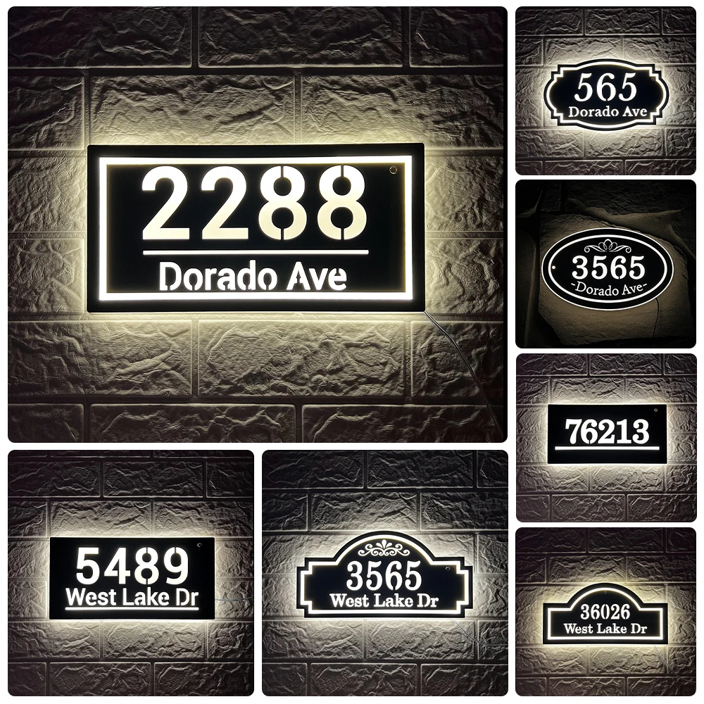 

Customizable LED BackLit House Number Outdoor Acrylic Stylish & Modern Address Door Sign Illuminated Exterior Street Name Plate
