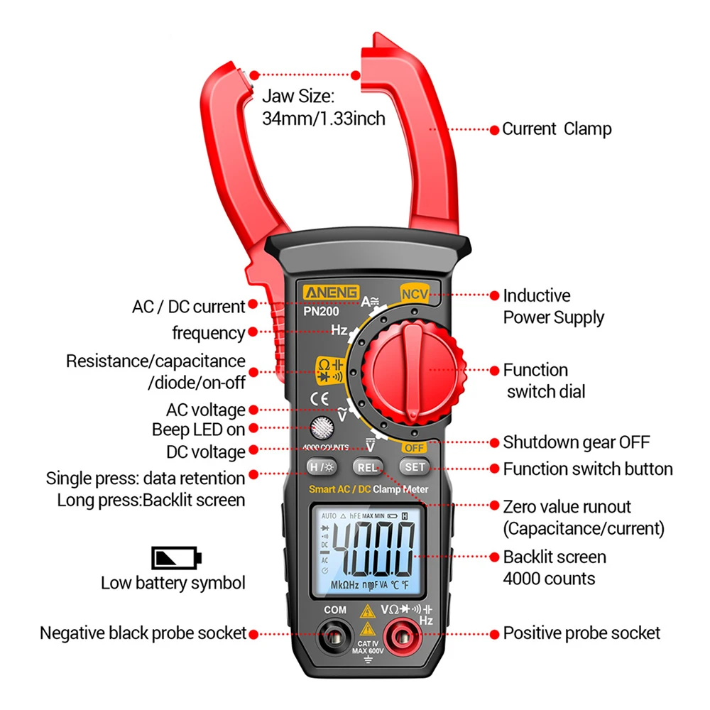 PN200 AC DC 0-600A Multimeter 4000 Counting Electrician Multi-FunctionDigital Clamp Meter Capacitance Resistance Current Tester