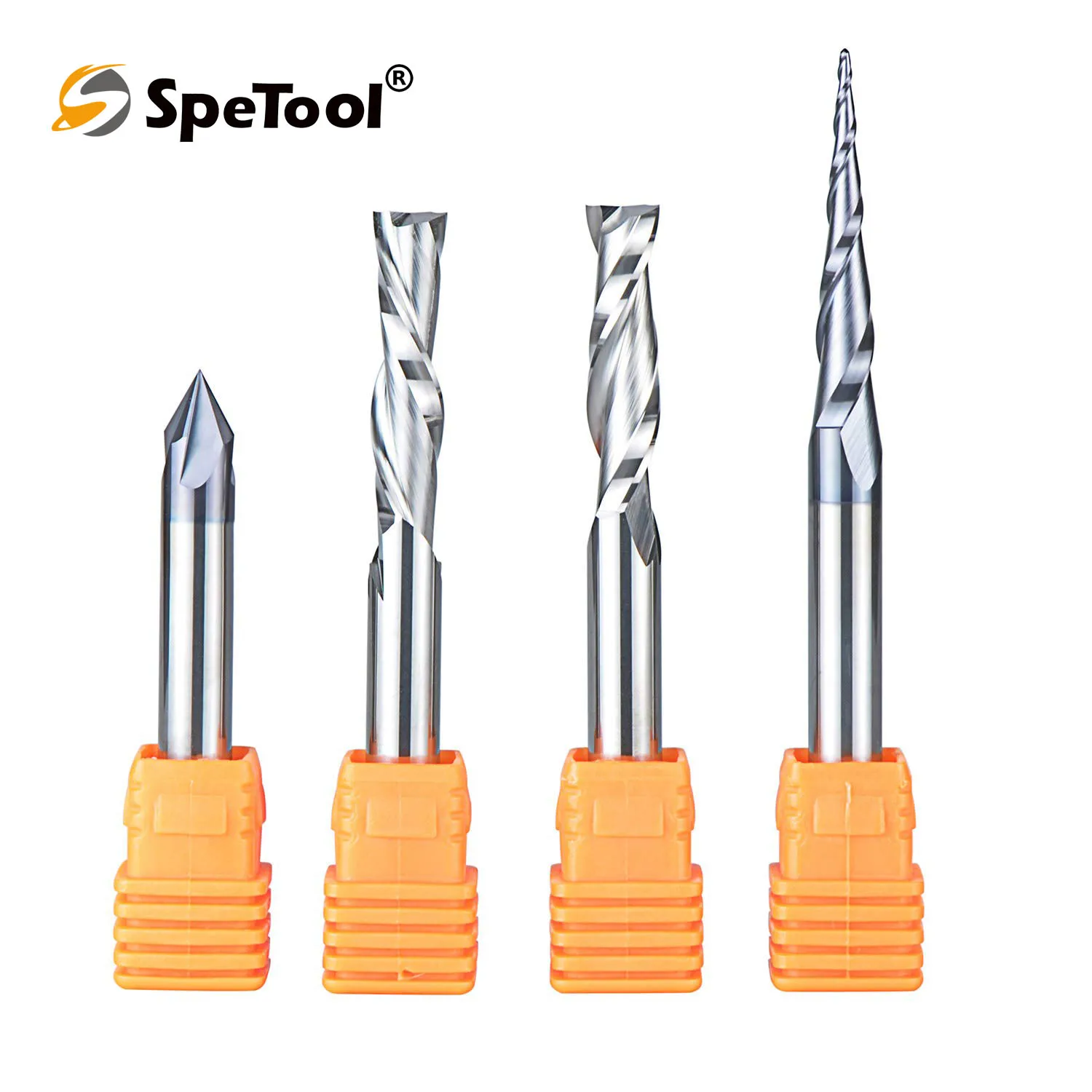 

SpeTool 4pcs CNC Router Bits Carving Set for Wood Profile V Groove Engraving Solid Carbide 1/4 Inch Shank Spiral Milling Cutter