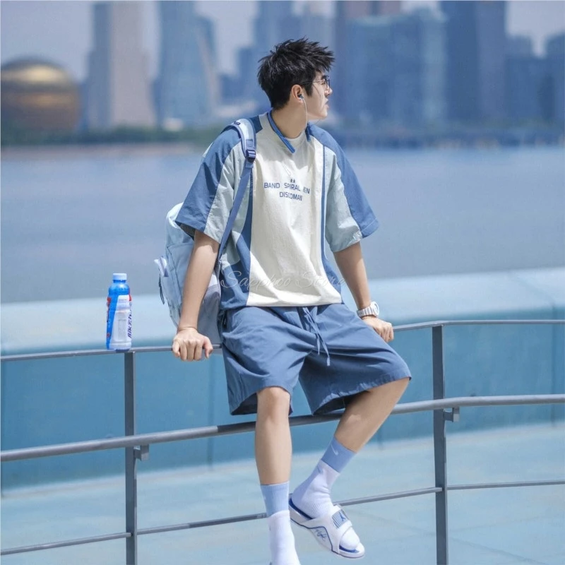 سريعة الجافة فضفاضة تناسب الصيف اللون حجب قصيرة الأكمام الأزرق تي شيرت غير رسمي الرجال رقيقة INS العصرية الأعلى الشارع نمط طاقم الرقبة المحملة