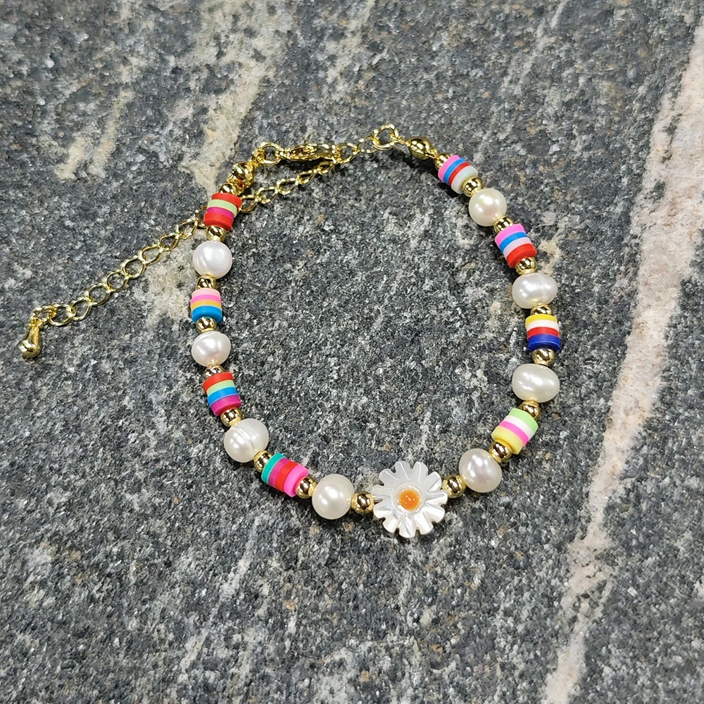 

KKBEAD Boho Daisy Bracelet for Women Polymer Clay With Natural Pearl Pulseras Femme Handmade Jewelry Gift for Her