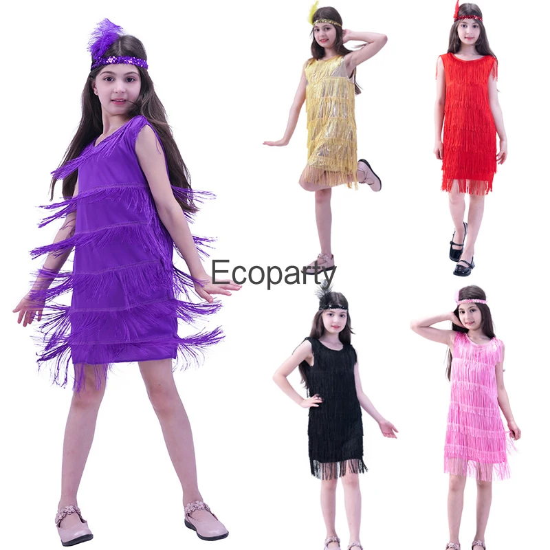 1920s Kids Flapper Dress Young Girls Latin Dance Costumes Solid O-Neck Sleeveless Tassel Dresses With Headwear Halloween Outfit