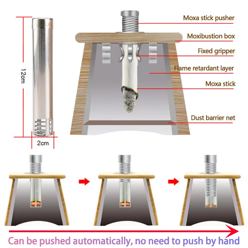Quemador de moxibustión de bambú natural, caja de accesorios de terapia de Moxa, palo de Mugwort, empujador automático, masajeador de meridianos de